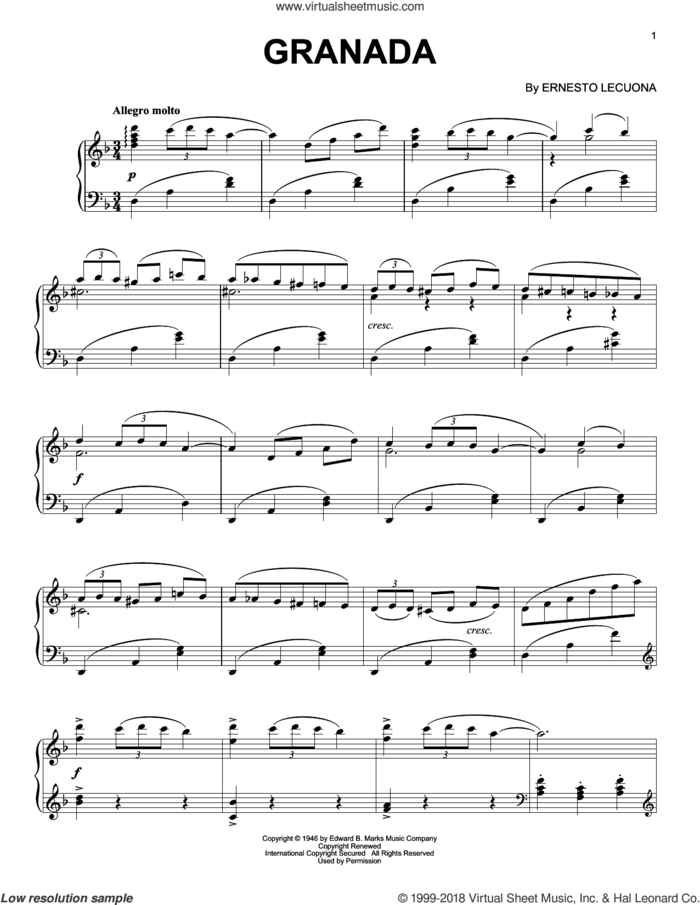 Granada sheet music for piano solo by Ernesto Lecuona, intermediate skill level