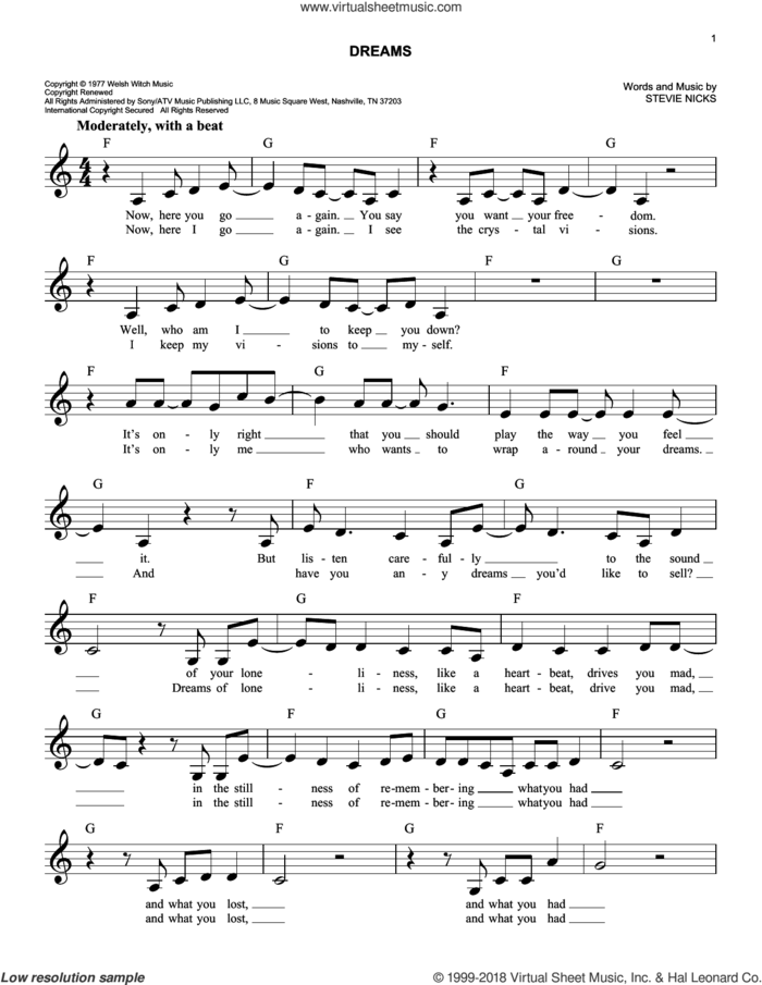 Dreams sheet music for voice and other instruments (fake book) by Fleetwood Mac and Stevie Nicks, easy skill level