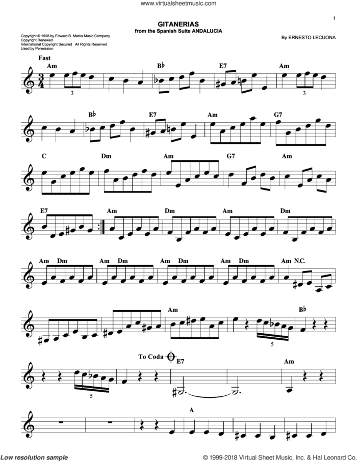 Gitanerias sheet music for voice and other instruments (fake book) by Ernesto Lecuona, easy skill level