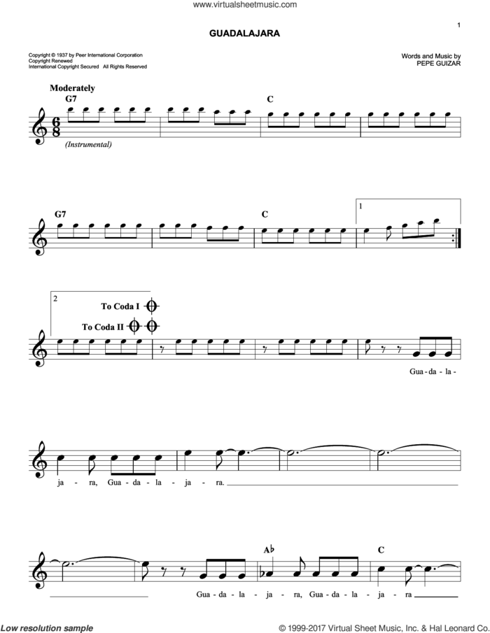 Guadalajara sheet music for voice and other instruments (fake book) by Pepe Guizar, easy skill level