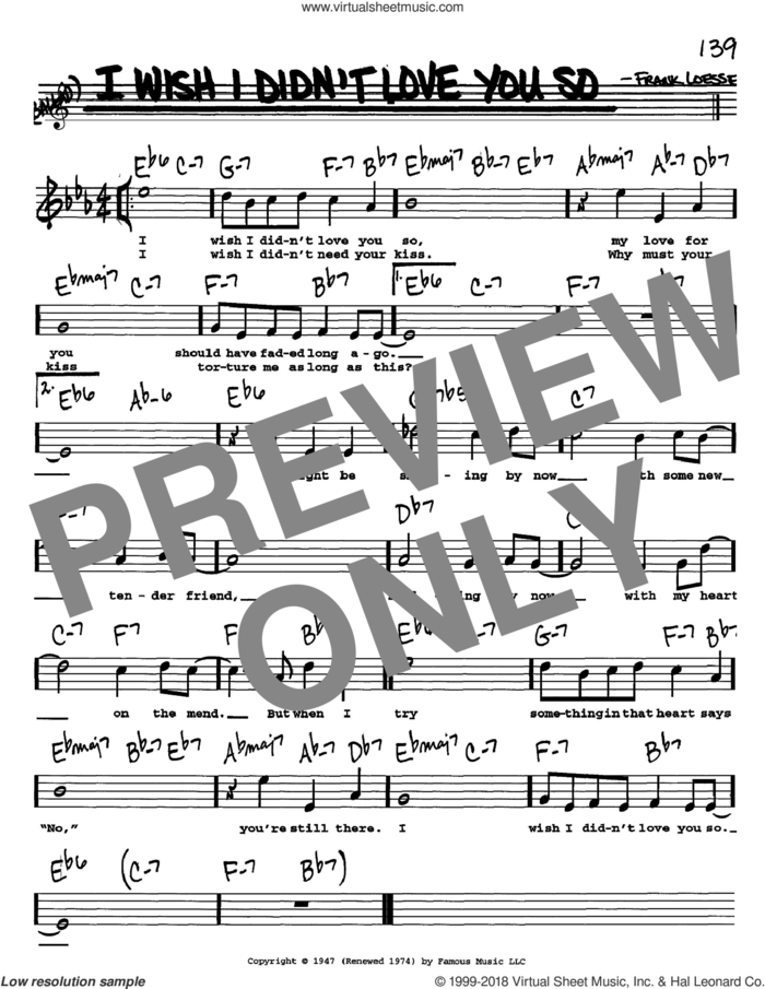 I Wish I Didn't Love You So sheet music for voice and other instruments  by Frank Loesser, intermediate skill level