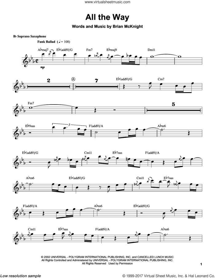 All The Way sheet music for soprano saxophone solo (transcription) by Kenny G and Brian McKnight, intermediate soprano saxophone (transcription)