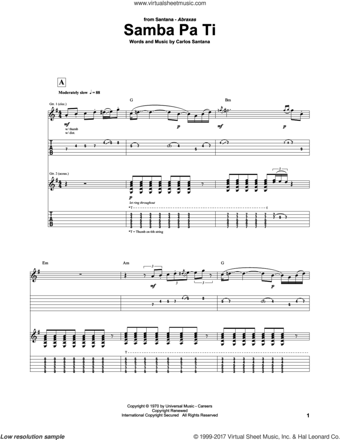 Samba Pa Ti sheet music for guitar (tablature) by Carlos Santana, intermediate skill level