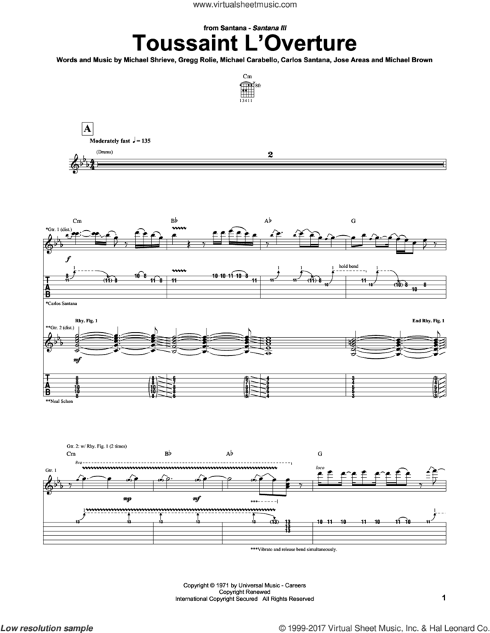 Toussaint L'Overture sheet music for guitar (tablature) by Carlos Santana, Gregg Rolie, Michael Carabello and Michael Shrieve, intermediate skill level