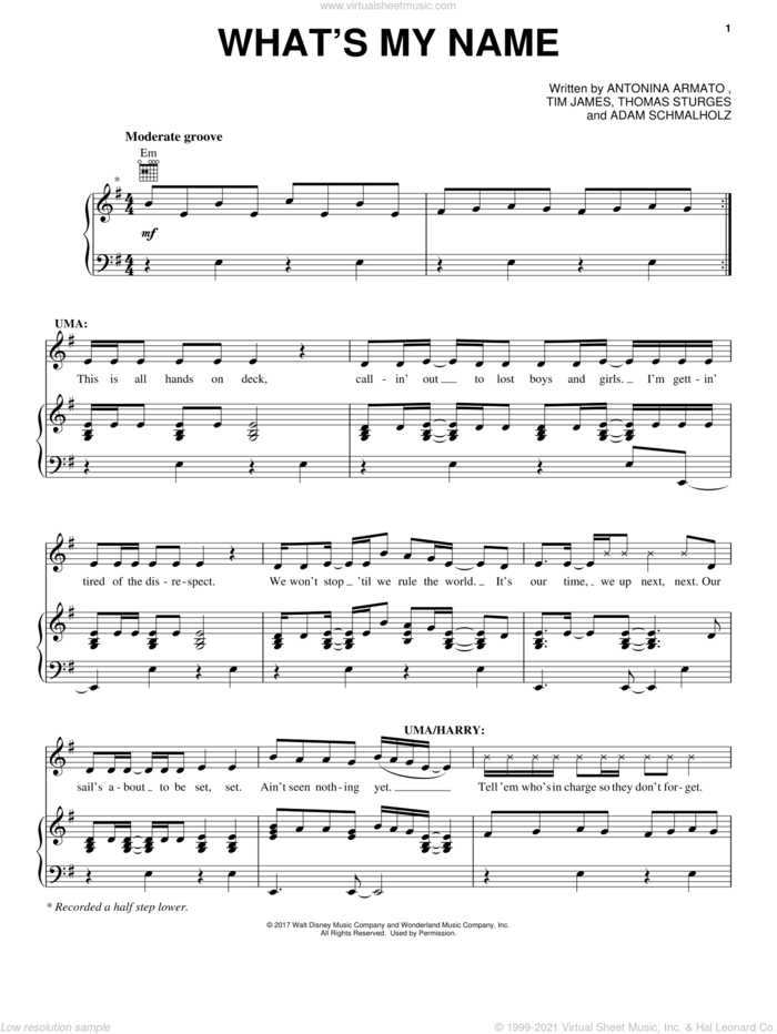 What's My Name (from Disney's Descendants 2) sheet music for voice, piano or guitar by Tim James, Adam Schmalholz, Antonina Armato and Thomas Sturges, intermediate skill level
