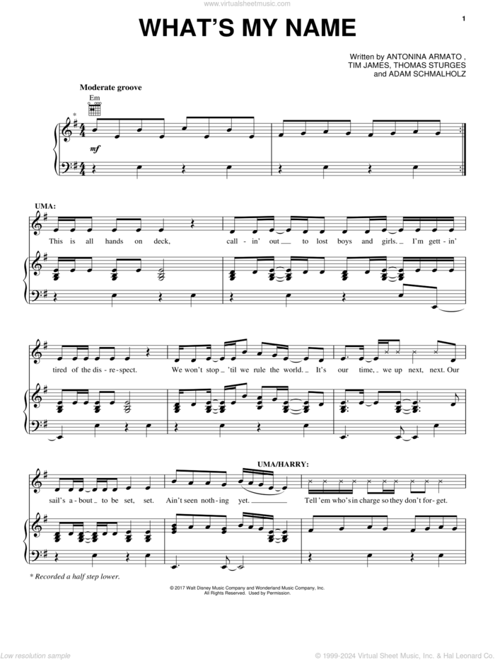 What's My Name (from Disney's Descendants 2) sheet music for voice, piano or guitar by Tim James, Adam Schmalholz, Antonina Armato and Thomas Sturges, intermediate skill level