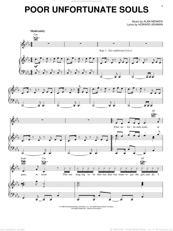 Poor Unfortunate Souls (from Disney's Descendants 2) sheet music for voice, piano or guitar by Howard Ashman and Alan Menken, intermediate skill level