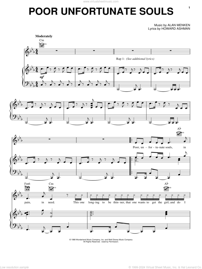 Poor Unfortunate Souls (from Disney's Descendants 2) sheet music for voice, piano or guitar by Howard Ashman and Alan Menken, intermediate skill level