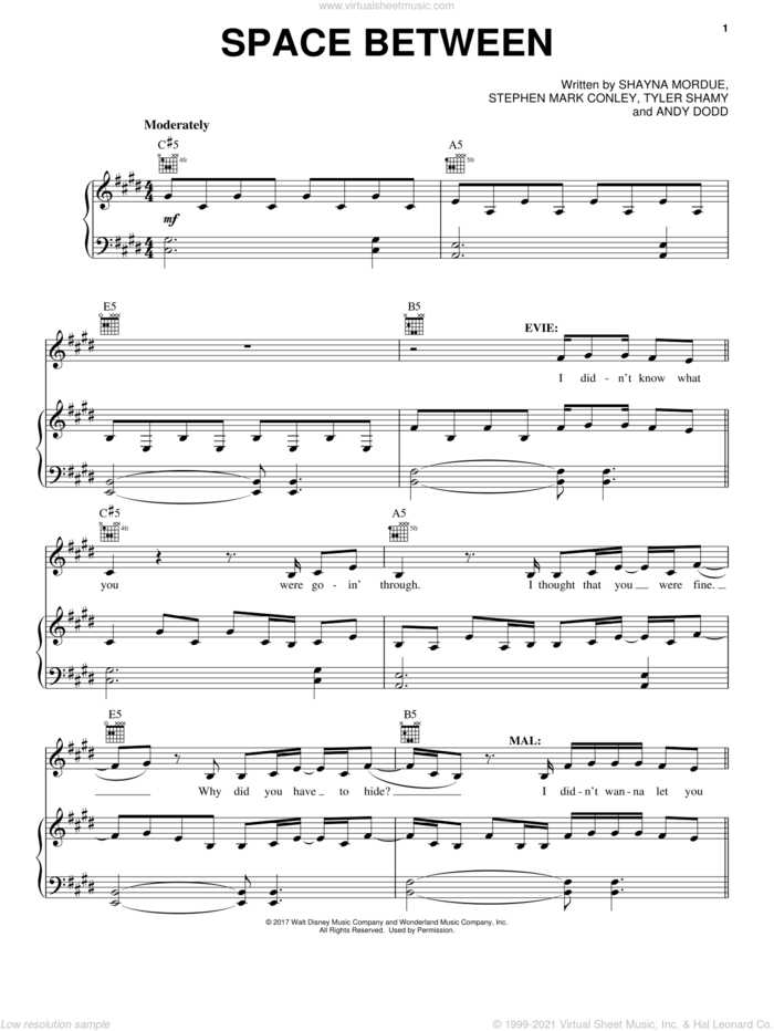 Space Between (from Disney's Descendants 2) sheet music for voice, piano or guitar by Stephen Mark Conley, Andy Dodd, Shayna Mordue and Tyler Shamy, intermediate skill level
