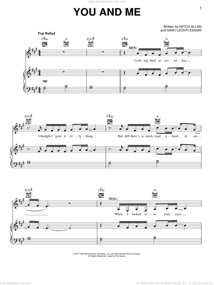 You And Me (from Disney's Descendants 2) sheet music for voice, piano or guitar by Mitch Allan and Nikki Leonti Edgar, intermediate skill level