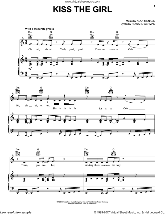 Kiss The Girl (from Disney's Descendants 2) sheet music for voice, piano or guitar by Alan Menken, Alan Menken & Howard Ashman and Howard Ashman, intermediate skill level