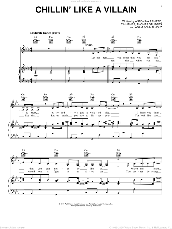 Chillin' Like a Villain (from Disney's Descendants 2) sheet music for voice, piano or guitar by Adam Schmalholz, Antonina Armato, Thomas Sturges and Tim James, intermediate skill level