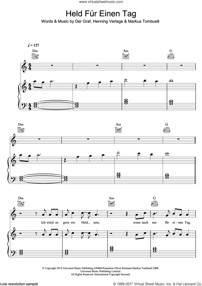 Held Fur Einen Tag sheet music for voice, piano or guitar by Unheilig, Der Graf, Henning Verlage and Markus Tombuelt, intermediate skill level