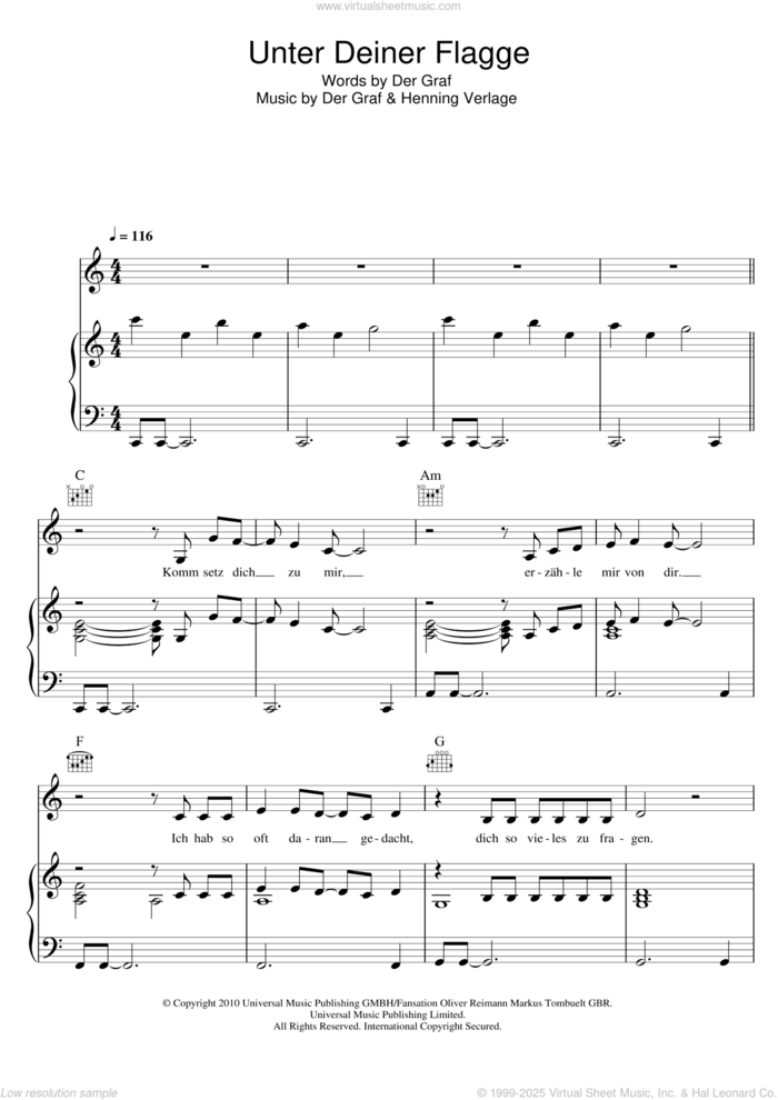 Unter Deiner Flagge sheet music for voice, piano or guitar by Unheilig, Der Graf and Henning Verlage, intermediate skill level