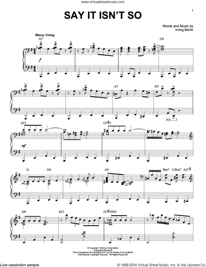 Say It Isn't So [Jazz version] sheet music for piano solo by Irving Berlin and Julie London, intermediate skill level