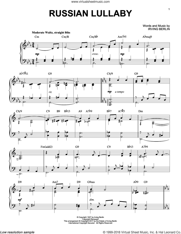 Russian Lullaby [Jazz version] sheet music for piano solo by Irving Berlin, intermediate skill level
