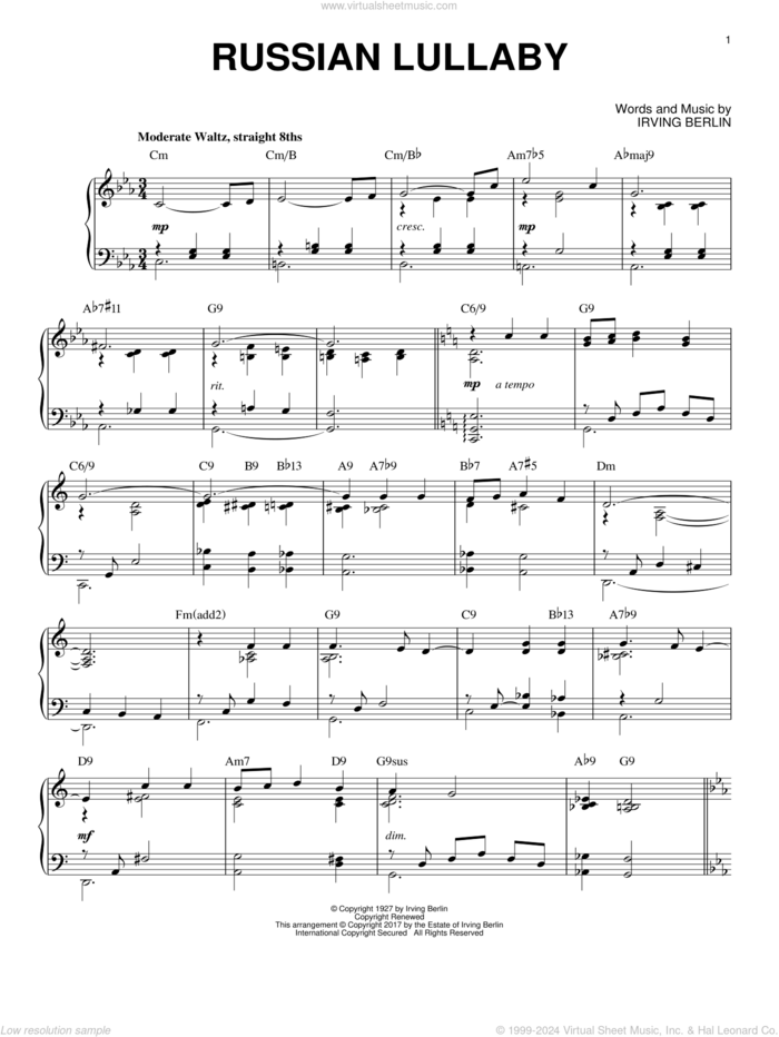 Russian Lullaby [Jazz version] sheet music for piano solo by Irving Berlin, intermediate skill level