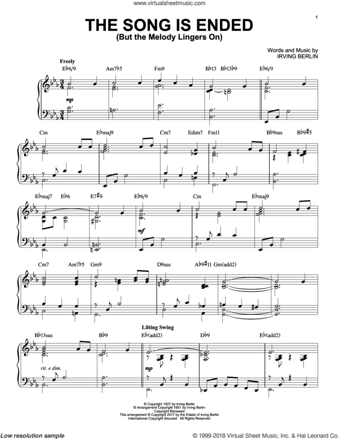 The Song Is Ended (But The Melody Lingers On) [Jazz version] sheet music for piano solo by Irving Berlin, intermediate skill level