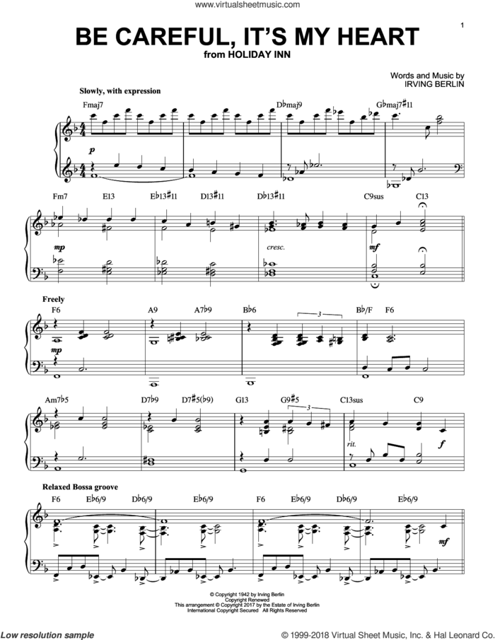 Be Careful, It's My Heart [Jazz version] sheet music for piano solo by Irving Berlin, intermediate skill level