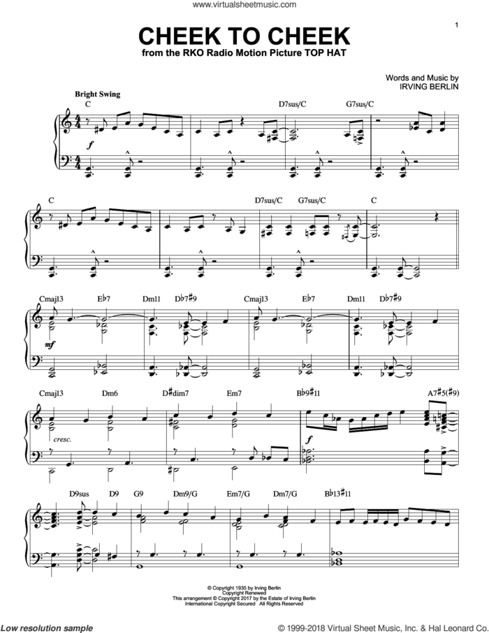 Cheek To Cheek [Jazz version] sheet music for piano solo by Irving Berlin and Fred Astaire, intermediate skill level