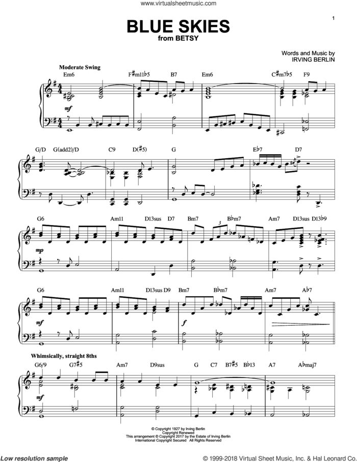 Blue Skies [Jazz version] sheet music for piano solo by Irving Berlin and Willie Nelson, intermediate skill level