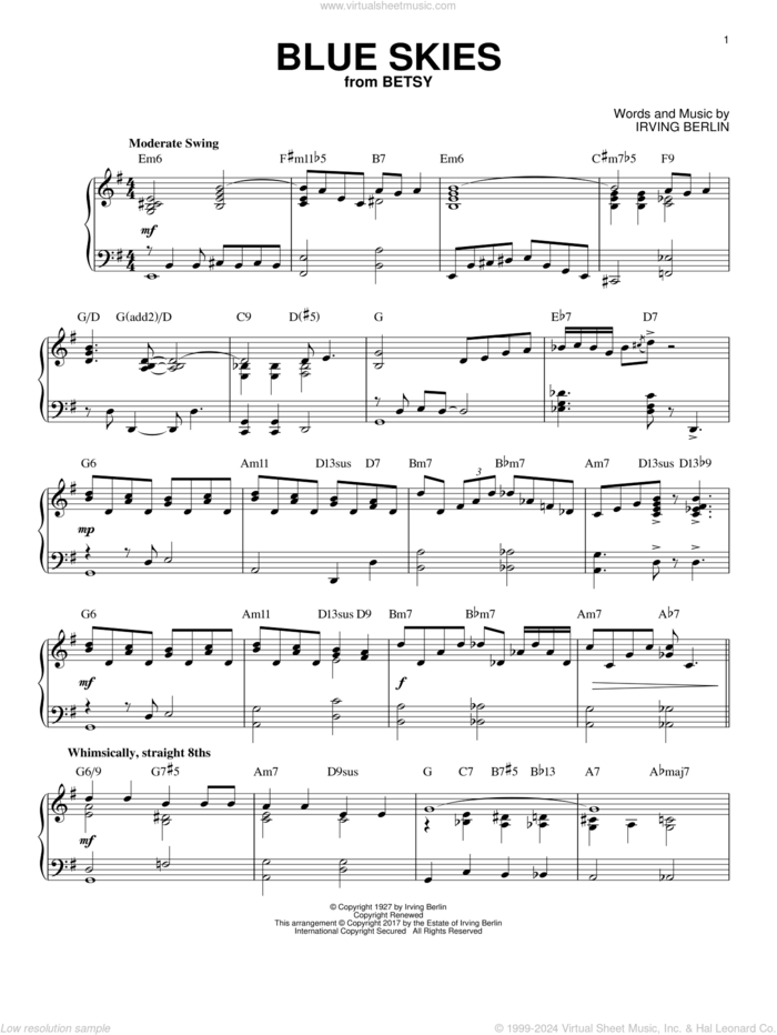 Blue Skies [Jazz version] sheet music for piano solo by Irving Berlin and Willie Nelson, intermediate skill level