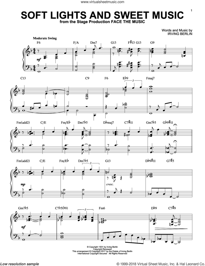 Soft Lights And Sweet Music [Jazz version] sheet music for piano solo by Irving Berlin and Mel Lewis, intermediate skill level