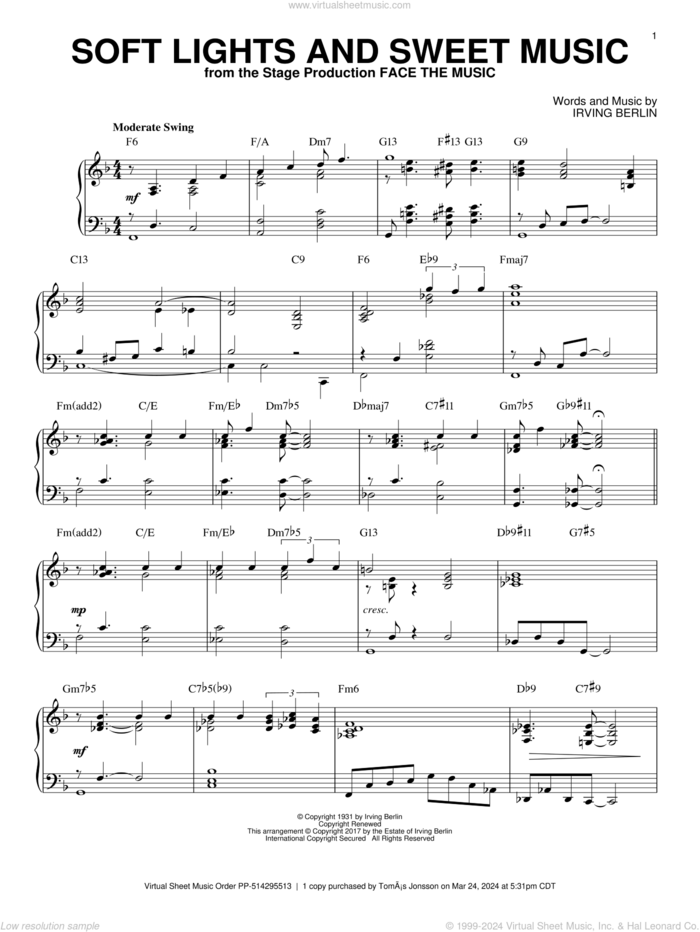 Soft Lights And Sweet Music [Jazz version] sheet music for piano solo by Irving Berlin and Mel Lewis, intermediate skill level