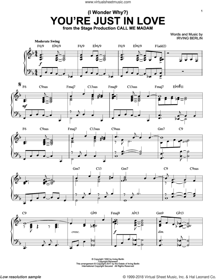 (I Wonder Why?) You're Just In Love [Jazz version] sheet music for piano solo by Irving Berlin, intermediate skill level