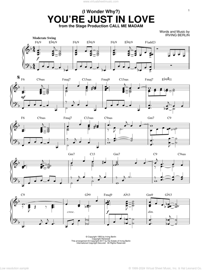 (I Wonder Why?) You're Just In Love [Jazz version] sheet music for piano solo by Irving Berlin, intermediate skill level