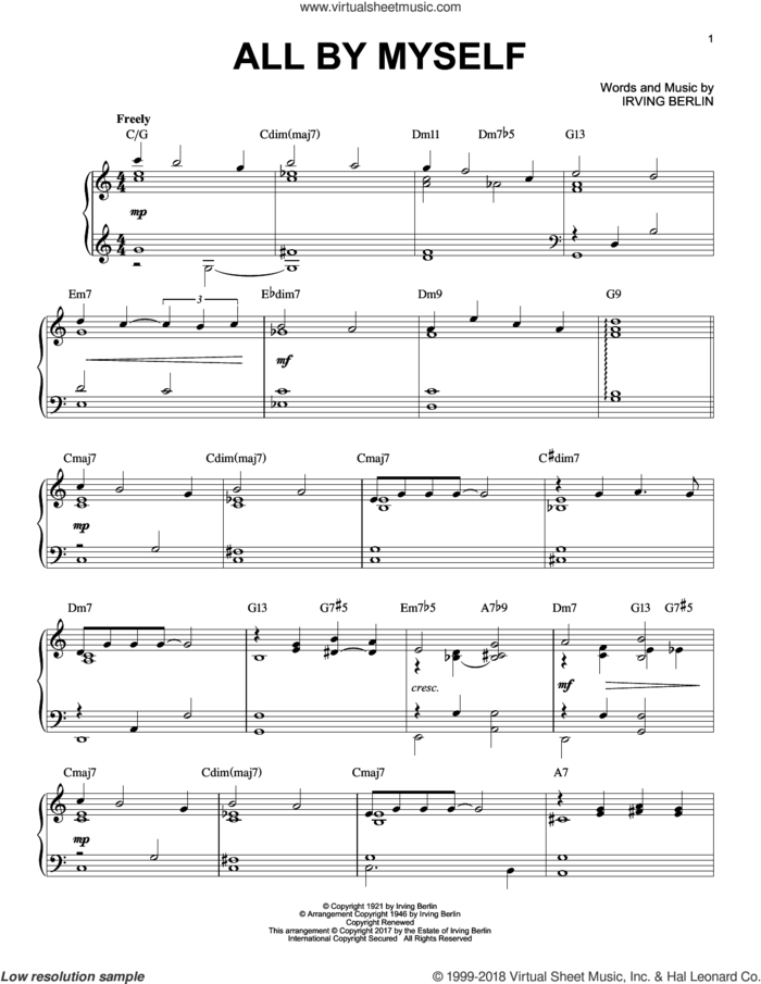 All By Myself [Jazz version] sheet music for piano solo by Irving Berlin, Bing Crosby, Frank Crumit and Ted Lewis, intermediate skill level