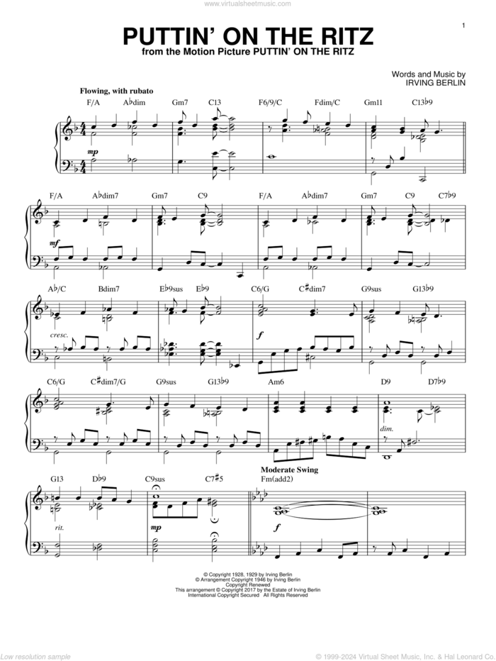 Puttin' On The Ritz [Jazz version] sheet music for piano solo by Irving Berlin, intermediate skill level