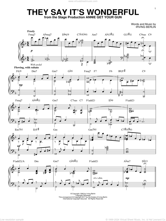 They Say It's Wonderful [Jazz version] sheet music for piano solo by Irving Berlin, intermediate skill level