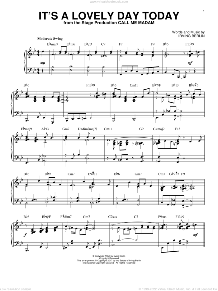 It's A Lovely Day Today [Jazz version] sheet music for piano solo by Irving Berlin and Elmo Hope, intermediate skill level