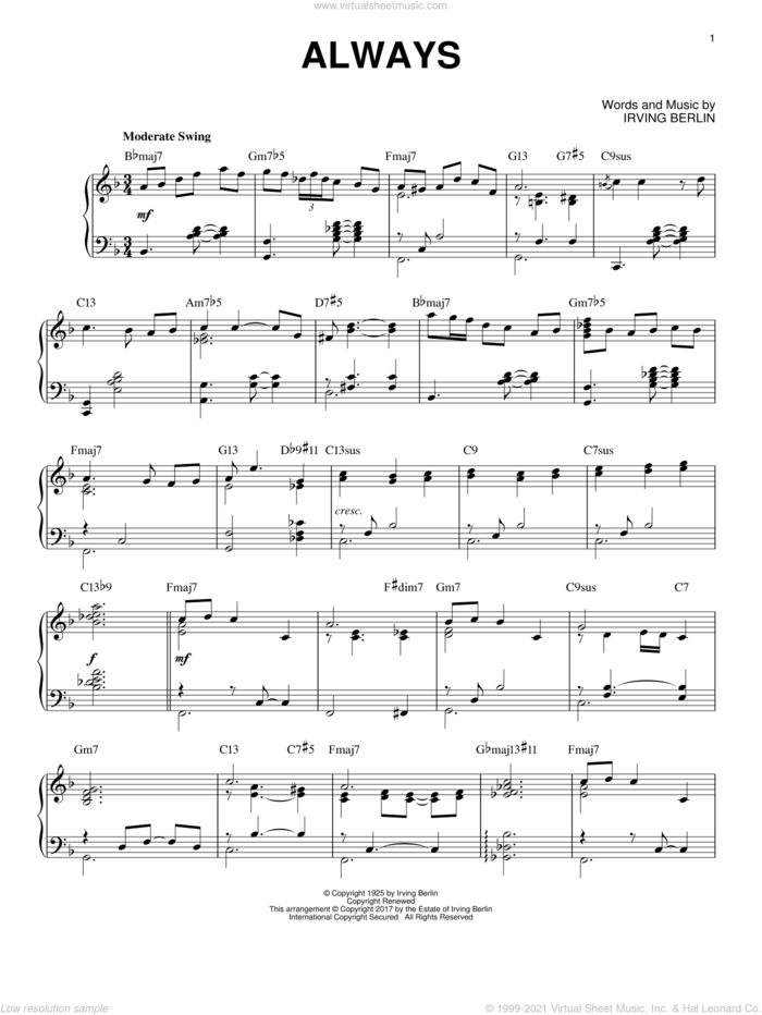 Always [Jazz version] sheet music for piano solo by Irving Berlin, Billie Holiday, Frank Sinatra and Patsy Cline, intermediate skill level