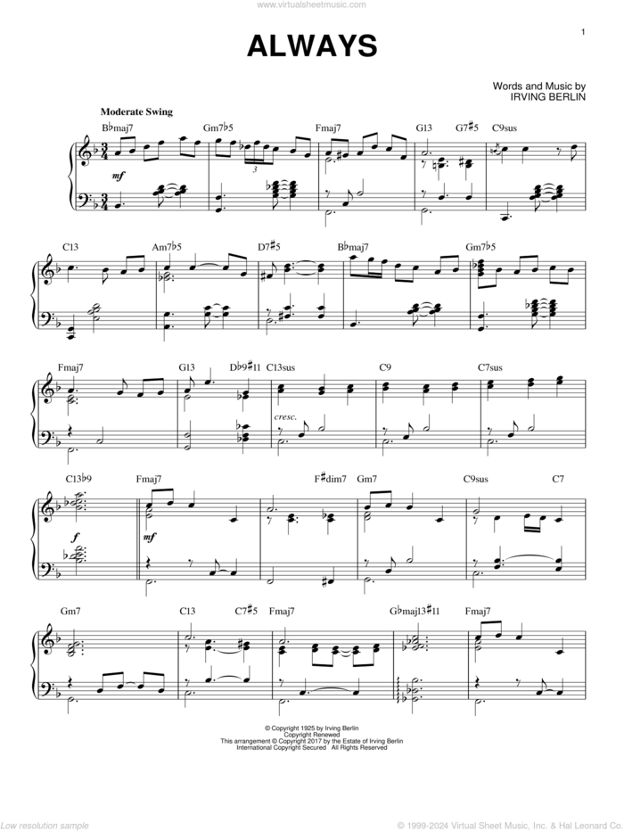 Always [Jazz version] sheet music for piano solo by Irving Berlin, Billie Holiday, Frank Sinatra and Patsy Cline, intermediate skill level