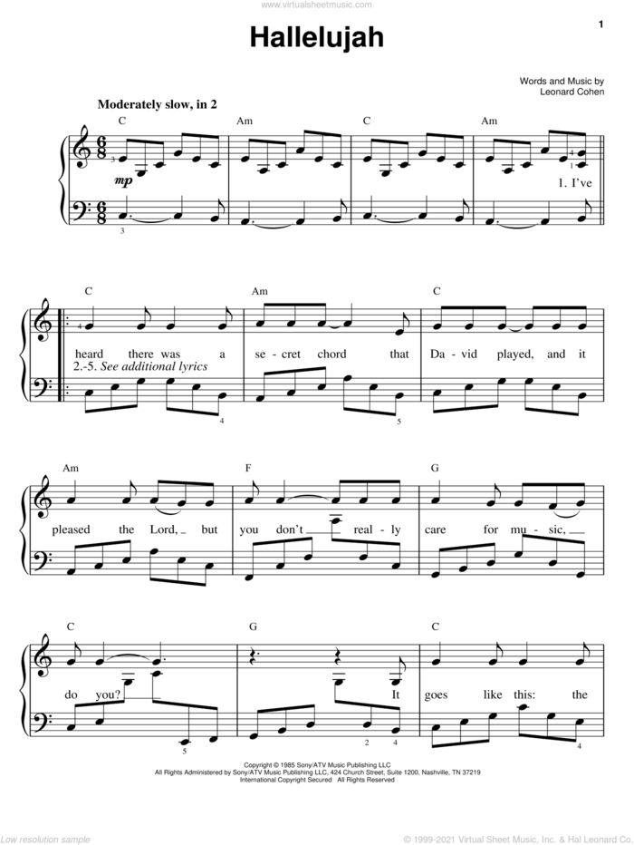 Hallelujah, (easy) sheet music for piano solo by Leonard Cohen, Kate Voegele and Shrek (Movie), easy skill level