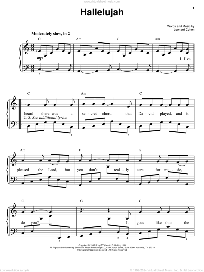 Hallelujah, (easy) sheet music for piano solo by Leonard Cohen, Kate Voegele and Shrek (Movie), easy skill level