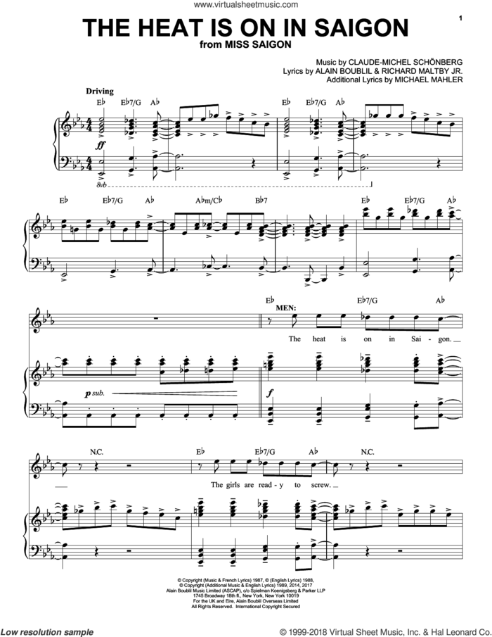 The Heat Is On In Saigon sheet music for voice and piano by Alain Boublil, Claude-Michel Schonberg, Claude-Michel Schonberg, Michael Mahler and Richard Maltby, Jr., intermediate skill level