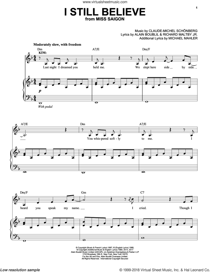 I Still Believe sheet music for voice and piano by Alain Boublil, Claude-Michel Schonberg, Claude-Michel Schonberg, Michael Mahler and Richard Maltby, Jr., intermediate skill level