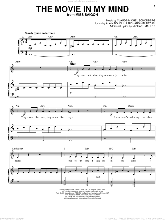 The Movie In My Mind sheet music for voice and piano by Alain Boublil, Claude-Michel Schonberg, Claude-Michel Schonberg, Michael Mahler and Richard Maltby, Jr., intermediate skill level
