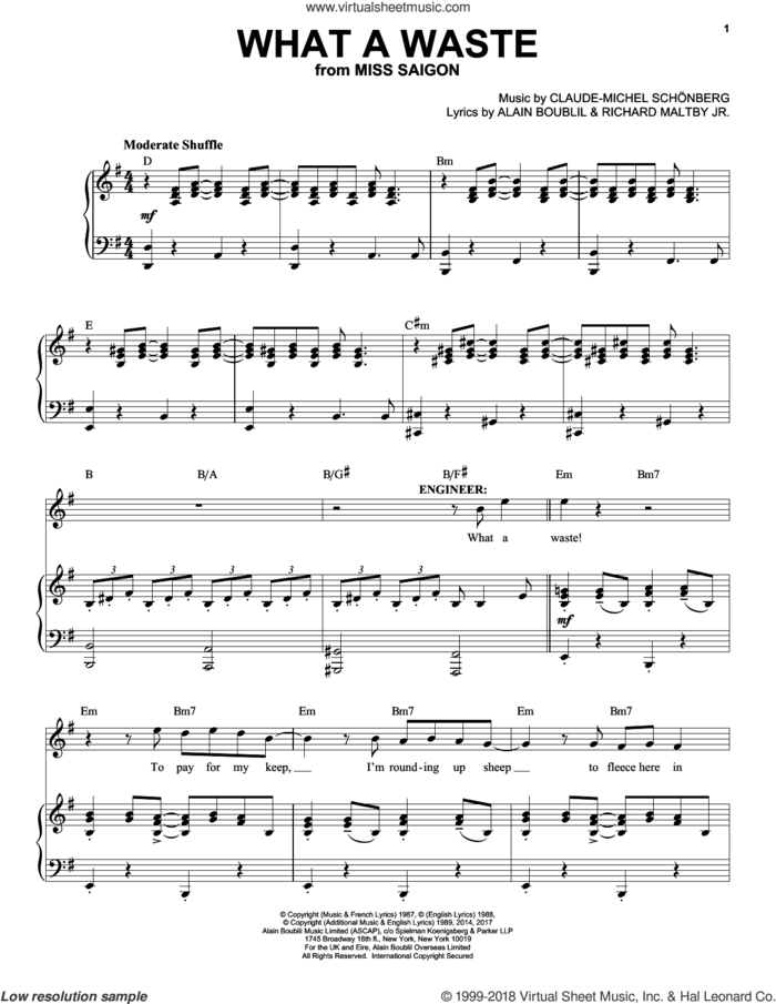 What A Waste sheet music for voice and piano by Alain Boublil, Claude-Michel Schonberg, Claude-Michel Schonberg and Richard Maltby, Jr., intermediate skill level