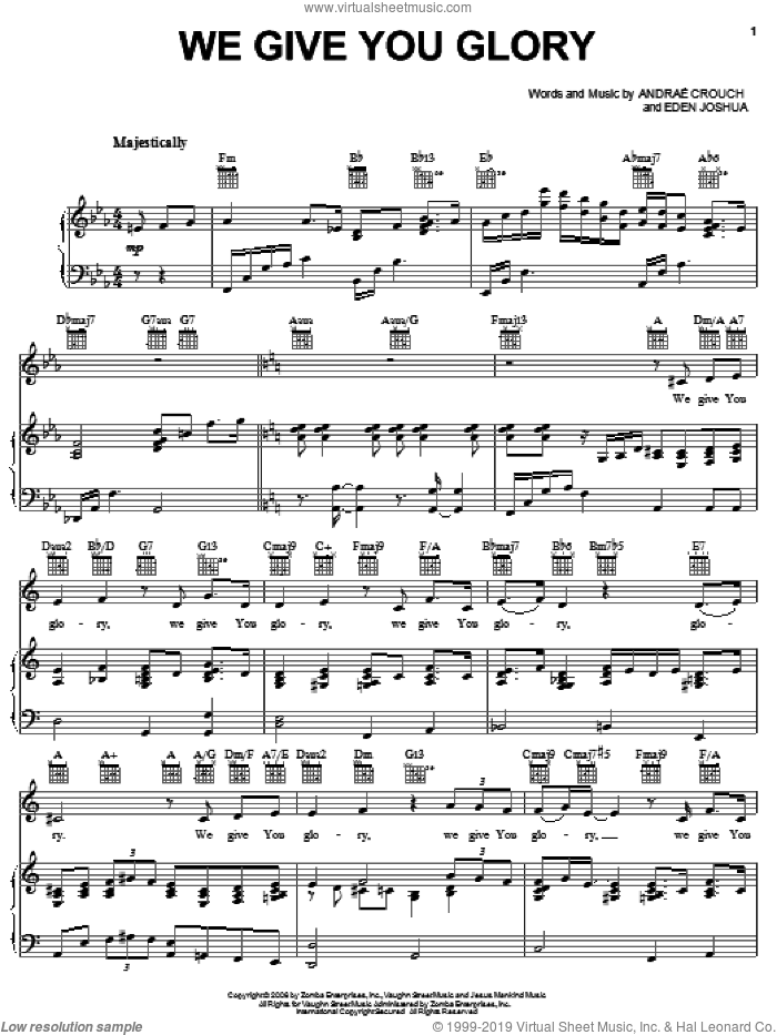 We Give You Glory sheet music for voice, piano or guitar by Andrae Crouch and Eden Joshua, intermediate skill level