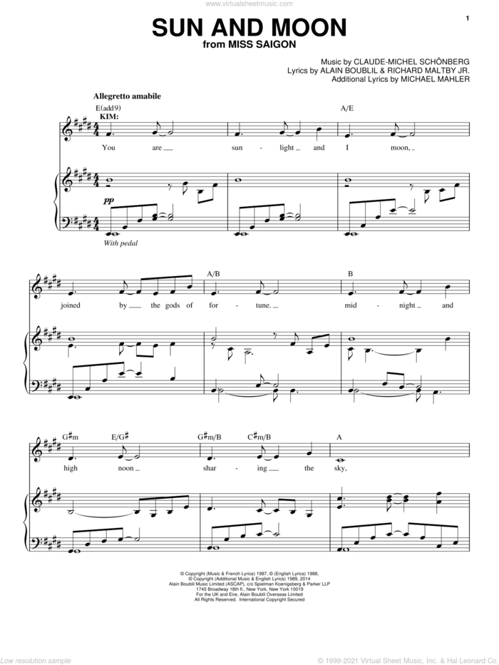 Sun And Moon sheet music for voice and piano by Alain Boublil, Claude-Michel Schonberg, Claude-Michel Schonberg, Michael Mahler and Richard Maltby, Jr., intermediate skill level