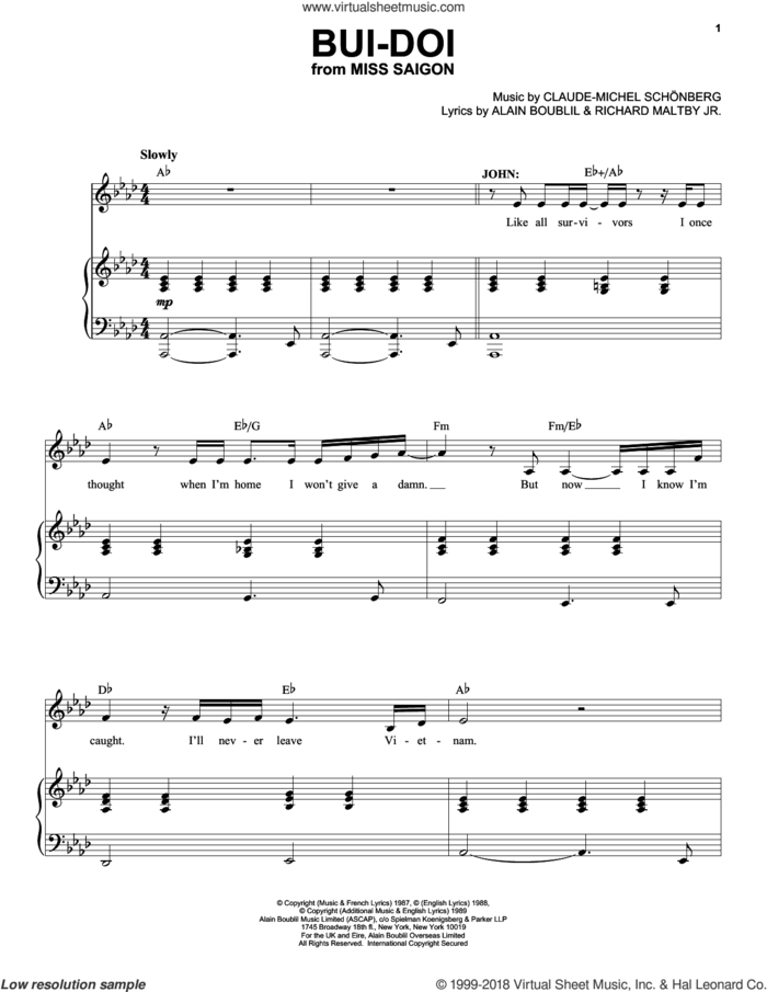Bui-Doi sheet music for voice and piano by Alain Boublil, Claude-Michel Schonberg, Claude-Michel Schonberg and Richard Maltby, Jr., intermediate skill level