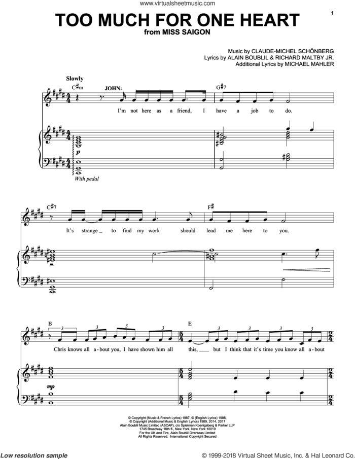 Too Much For One Heart sheet music for voice and piano by Alain Boublil, Claude-Michel Schonberg, Claude-Michel Schonberg, Michael Mahler and Richard Maltby, Jr., intermediate skill level