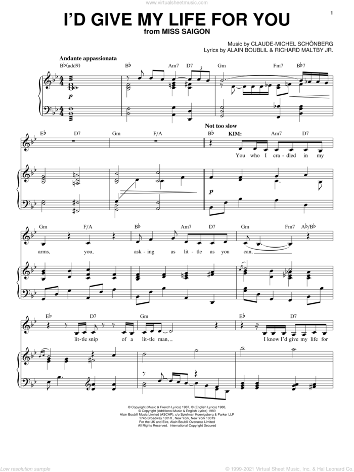 I'd Give My Life For You sheet music for voice and piano by Alain Boublil, Claude-Michel Schonberg, Claude-Michel Schonberg and Richard Maltby, Jr., intermediate skill level