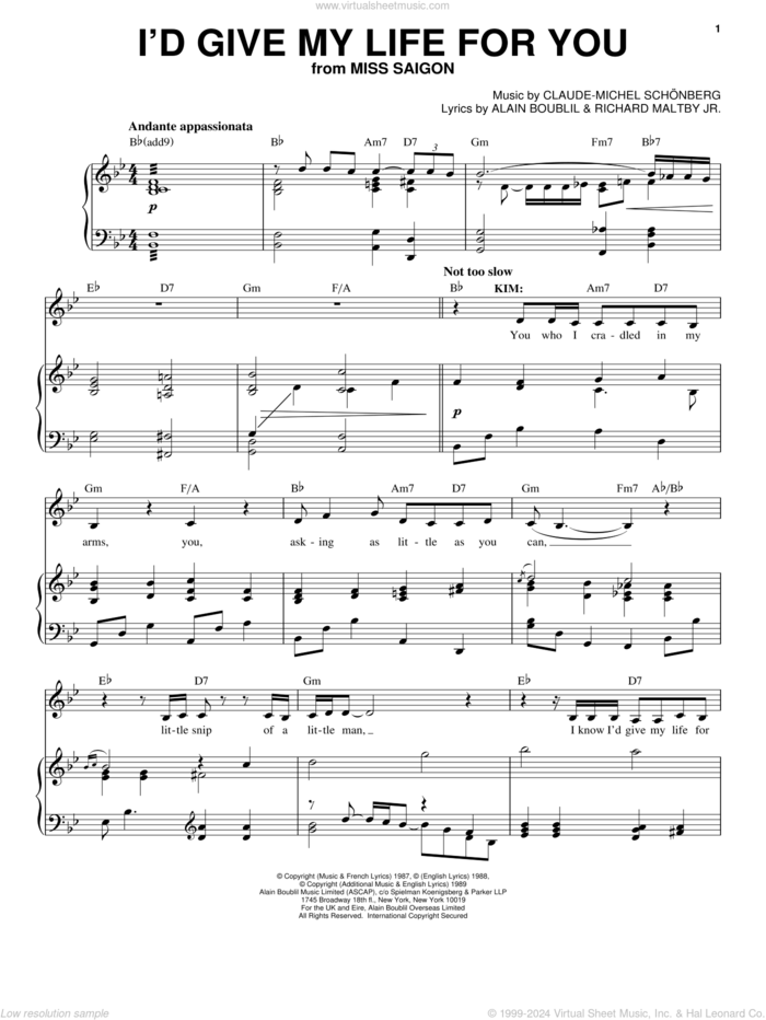 I'd Give My Life For You sheet music for voice and piano by Alain Boublil, Claude-Michel Schonberg, Claude-Michel Schonberg and Richard Maltby, Jr., intermediate skill level