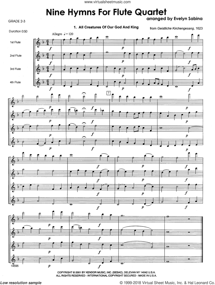 Nine Hymns For Flute Quartet (COMPLETE) sheet music for flute quartet by Evelyn Sabina and Miscellaneous, intermediate skill level