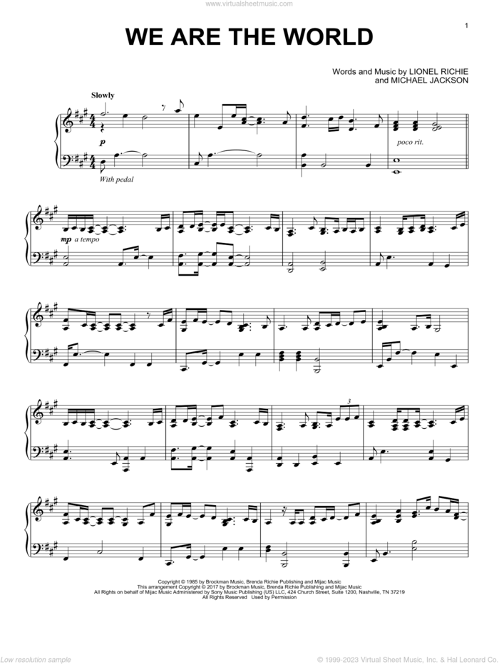 We Are The World, (intermediate) sheet music for piano solo by USA For Africa, Lionel Richie and Michael Jackson, intermediate skill level